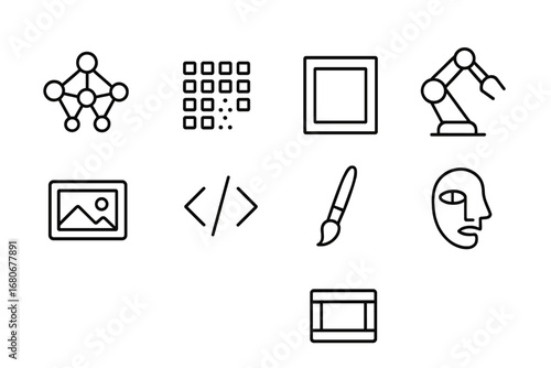AI Icon Grid. Outline icon set of AI-generated imagery: neural network, pixel grid, digital canvas, robot arm,