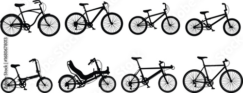 Bicycle silhouettes collection, mountain bike, BMX, road bike, recumbent, folding bike vector, cycling icons, transportation, fitness, urban mobility art