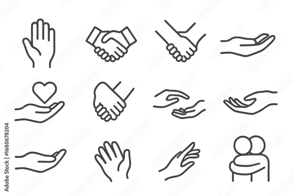 Fototapeta premium Helping Hand Icons. Outline icon set of helping hand: open palm, handshake, supportive arm, lifting gesture,
