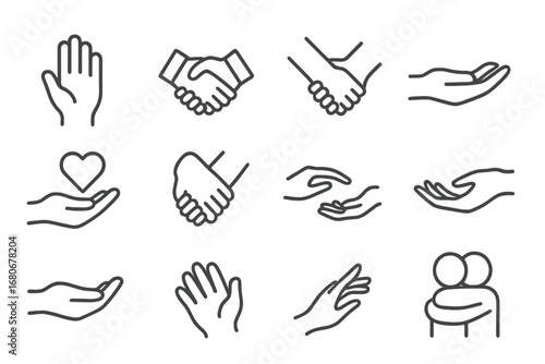 Helping Hand Icons. Outline icon set of helping hand: open palm, handshake, supportive arm, lifting gesture,