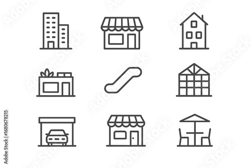 Mixed-Use Development Icons. Outline icon set of mixed-use development: office tower, retail shop, residential