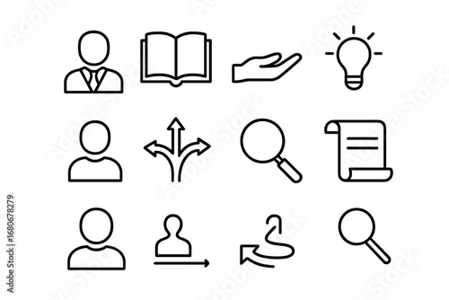 Mentorship Icon Set. Outline icon set of mentorship: teacher figure, book, guiding hand, lightbulb idea,