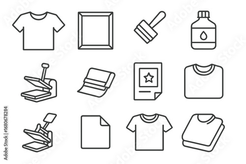 T-Shirt Printing Icons. Outline icon set of custom t-shirt printing: plain t-shirt, screen frame, squeegee,