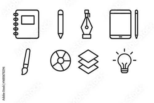 Design Tools Outline. Outline icon set of design creation: sketchbook, pencil, vector pen tool, tablet stylus,
