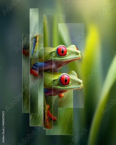 Two red-eyed tree frogs perched on a vibrant green leaf.