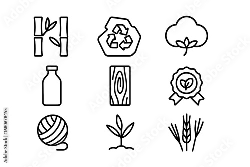 Sustainable Materials Icons. Outline icon set of sustainable materials: bamboo, recycled metal, organic cotton