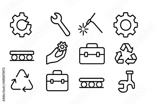 Remanufacturing Icon Set. Outline icon set of remanufacturing: broken gear, repair tool, welding spark, new