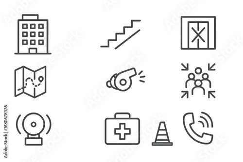 Evacuation Icon Set. Outline icon set of multi-floor building evacuation: high-rise icon, stairs, elevator