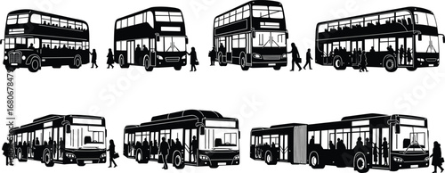 Bus silhouettes with passengers, city public transport, double-decker and articulated buses, people boarding, urban transit vector, commuter bus clipart, transportation icons