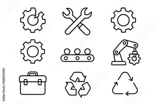 Remanufacturing Icon Set. Outline icon set of remanufacturing: broken gear, repair tool, welding spark, new