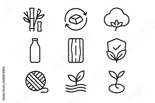 Sustainable Materials Icons. Outline icon set of sustainable materials: bamboo, recycled metal, organic cotton