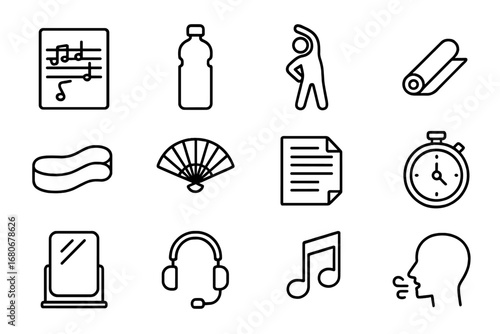 Actor Warm-Up Icons. Outline icon set of actor warm-up exercises: vocal scale sheet, water bottle, stretching