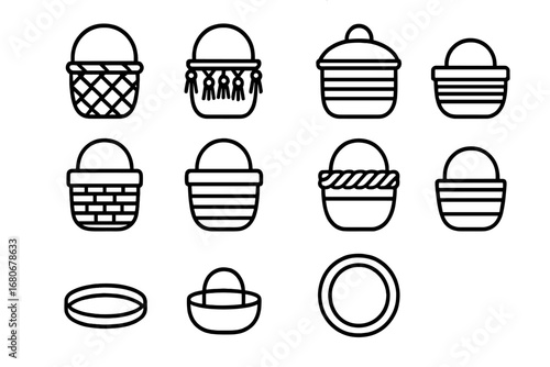 Decorative Baskets Icons. Outline icon set of decorative baskets: patterned weave, tassel basket, basket with