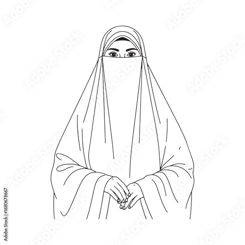 Muslim woman wearing niqab covering face with traditional modest islamic attire line art illustration