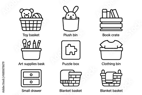 Kids' Room Storage Icons. Outline icon set of kids’ room storage: toy basket, plush bin, book crate, art