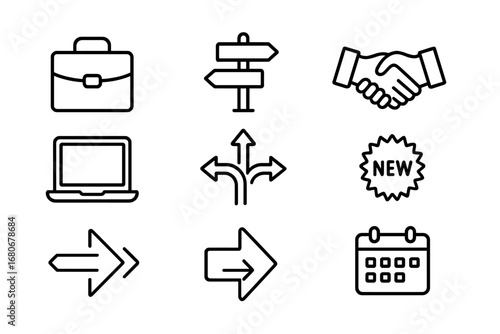 Career Transition Icons. Outline icon set of career switching: suitcase, crossroads sign, resume, handshake,