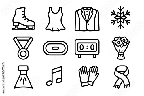 Ice Dancing Icons. Outline icon set of ice dancing: ice skates, costume dress, tuxedo, snowflake, medal, rink,