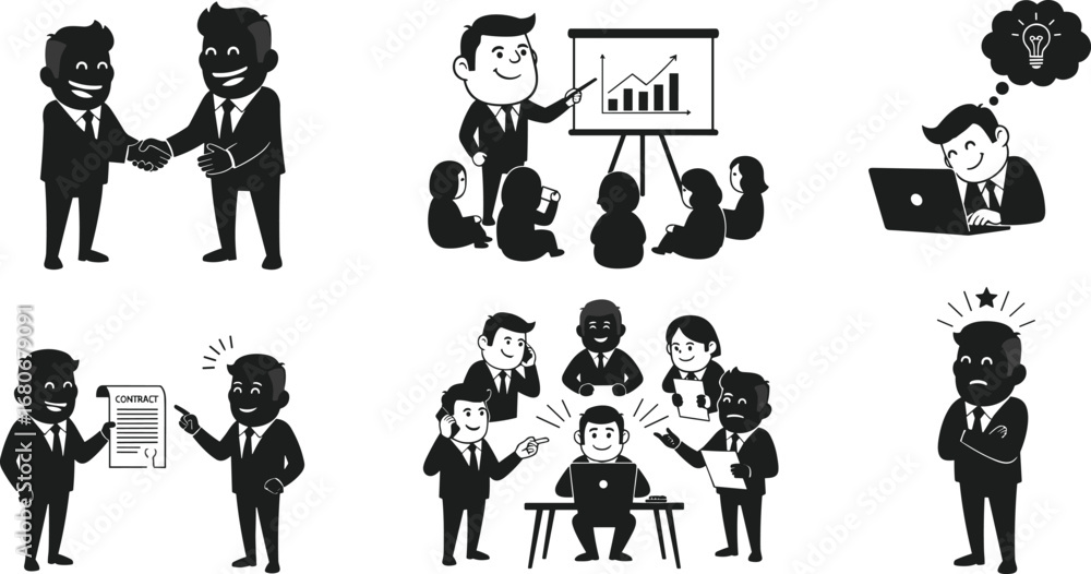 Obraz premium Cartoon businesspeople working, presenting, shaking hands, signing contracts, solving problems, teamwork, office communication, thinking ideas, feedback, corporate stress, leadership