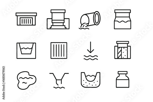Stormwater Infrastructure Icons. Outline icon set of stormwater drainage infrastructure: storm drain, catch