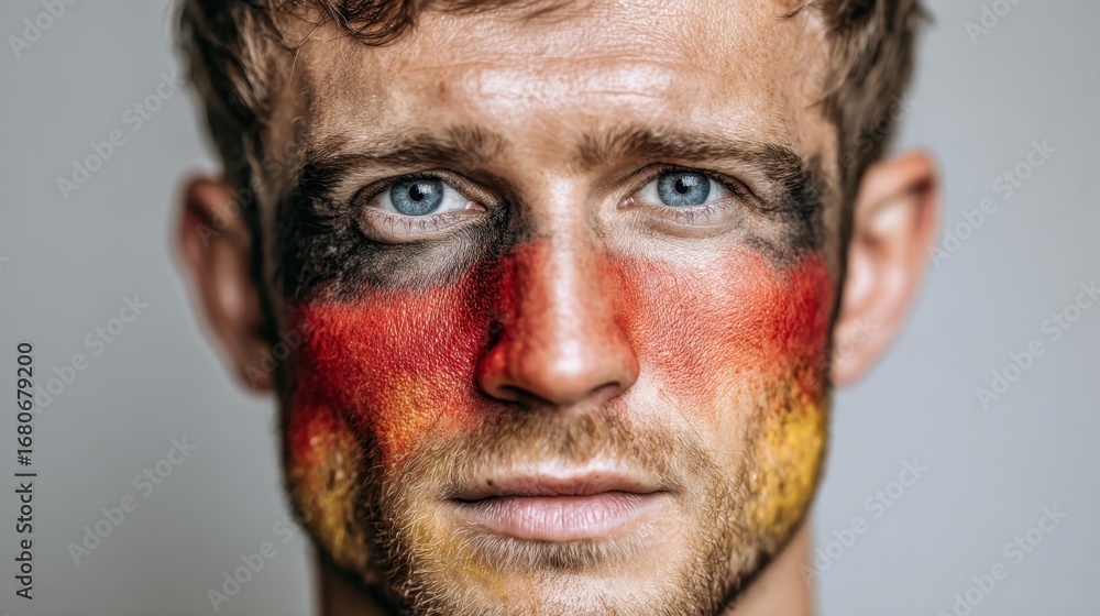 Fototapeta premium Patriotic Portrait: A close-up shot showcases a man with the flag boldly painted on his face, embodying the spirit of national pride, captured in high detail and emotive expression.