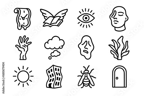 Surreal Icon Grid. Outline icon set of surreal marketing visuals: melting watches, flying books, floating eyes