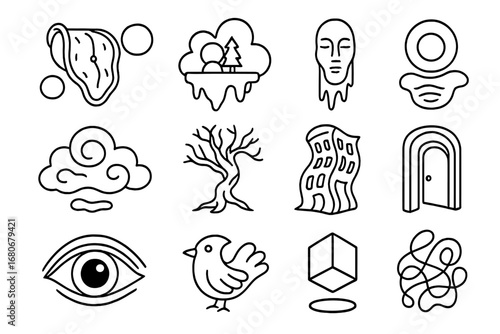Ethereal Icon Set. Outline icon set of ethereal marketing visuals: melting clocks, floating islands, glowing