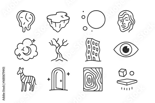 Ethereal Icon Set. Outline icon set of ethereal marketing visuals: melting clocks, floating islands, glowing