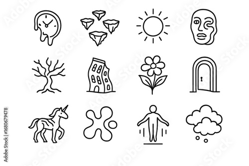 Surreal Icon Grid. Outline icon set of otherworldly campaign visuals: melting clocks, floating islands,