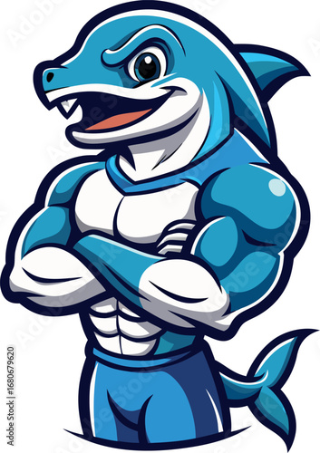 Muscular Blue Shark Character With Arms Crossed Ready For Action
