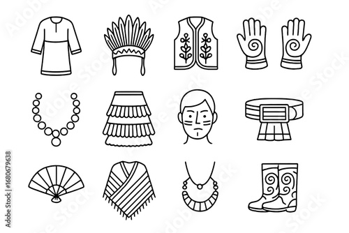 Ethnic Ceremonial Icons. Outline icon set of ethnic uniforms for ceremonies: traditional gown, feather