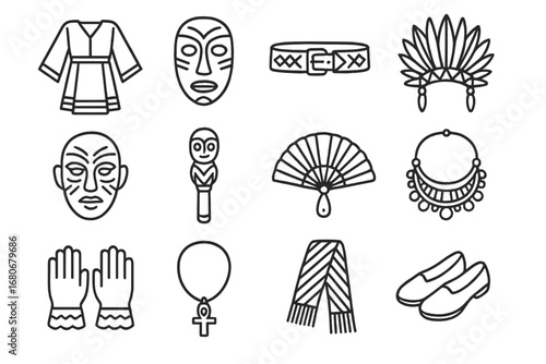 Traditional Festival Icons. Outline icon set of traditional festival wear and ritual uniforms: ceremonial