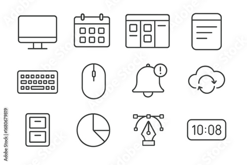 Desktop Icon Set. Outline icon set of content organization on desktop: desktop computer, calendar widget, task