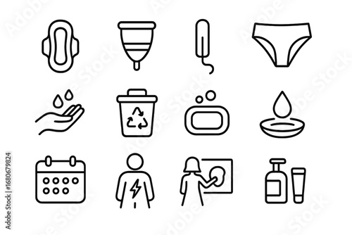 Menstrual Hygiene Icons. Outline icon set of menstrual hygiene management: sanitary pad, menstrual cup, tampon