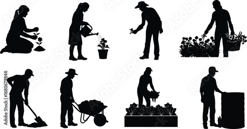 Cartoon people gardening, planting flowers, watering plants, harvesting vegetables, farming, working outdoors, composting, using tools, growing food, agriculture, garden care