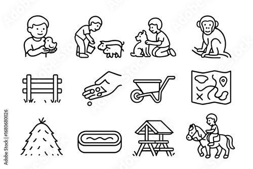 Animal Interaction Icons. Outline icon set of farm and zoo animal interactions for kids: child holding chick,
