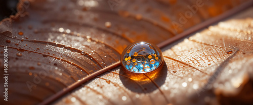 Closeup Dew Drop on Dried Copper Leaf – Nature Macro Photography