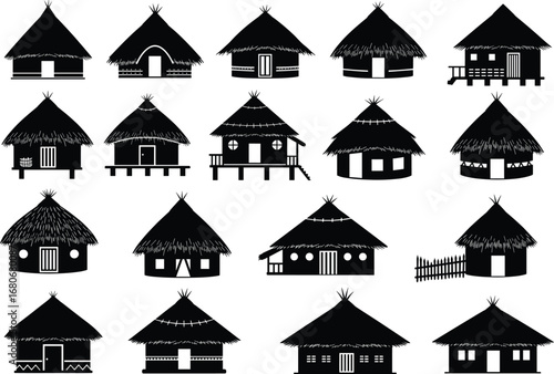 Black silhouette traditional huts and houses, thatched roof village homes, cultural architecture vector illustration, stilt houses, rural building designs, heritage dwelling structures