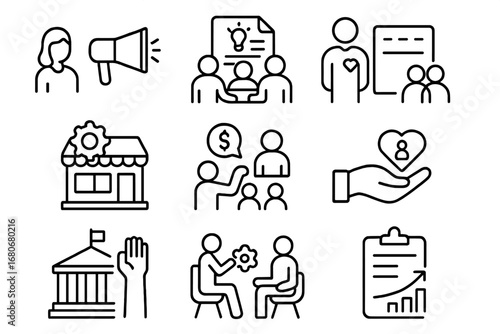 NGO Job Icon Set. Outline icon set of job opportunities in NGOs: outreach program, community meeting, project