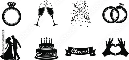 Celebration icons collection with engagement ring, champagne glasses, confetti, wedding rings, dancing couple, birthday cake, cheers banner, heart hands silhouette