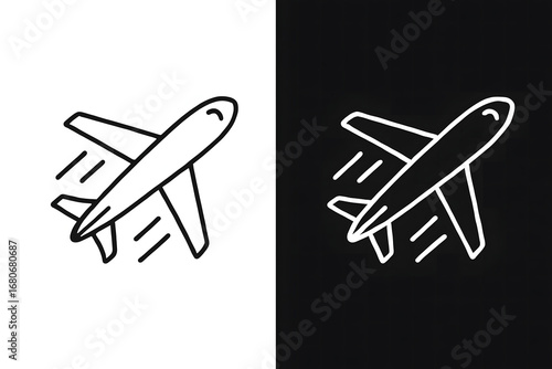 Airplane line icon set for travel and transport applications. Simple vector illustration of a flying plane symbol, isolated on black and white backgrounds for web and app design