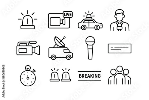 Breaking News Icons. Outline icon set of breaking news coverage: siren, live broadcast, emergency vehicle,