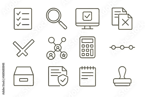 Fact-Checking Tools Icons. Outline icon set of fact-checking tools: checklist, magnifying glass, computer,