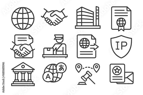 International IP Icons. Outline icon set of international IP disputes: globe, international treaties, WIPO