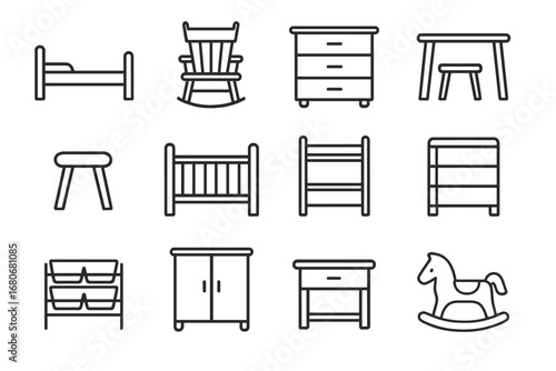 Children's Furniture Icons. Outline icon set of children’s furniture: toddler bed, rocking chair, dresser,