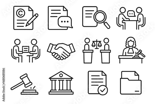 IP Dispute Icon Set. Outline icon set of IP dispute resolution steps: complaint filing, answer submission,
