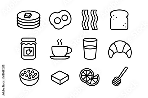 Breakfast Icon Set. Outline icon set of breakfast food styling: pancakes, fried eggs, bacon strips, toast, jam