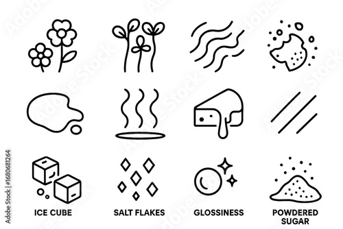Stylish Food Icons. Outline icon set of food styling details: edible flowers, microgreens, drizzle patterns,