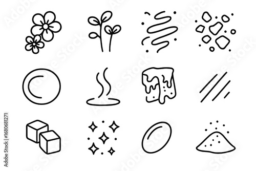 Stylish Food Icons. Outline icon set of food styling details: edible flowers, microgreens, drizzle patterns,