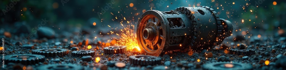 Fototapeta premium A broken down machine, gears scattered, sparking wires, symbolizing the raw power found even in failure, the potential for rebuilding and innovation , force, power, electricity