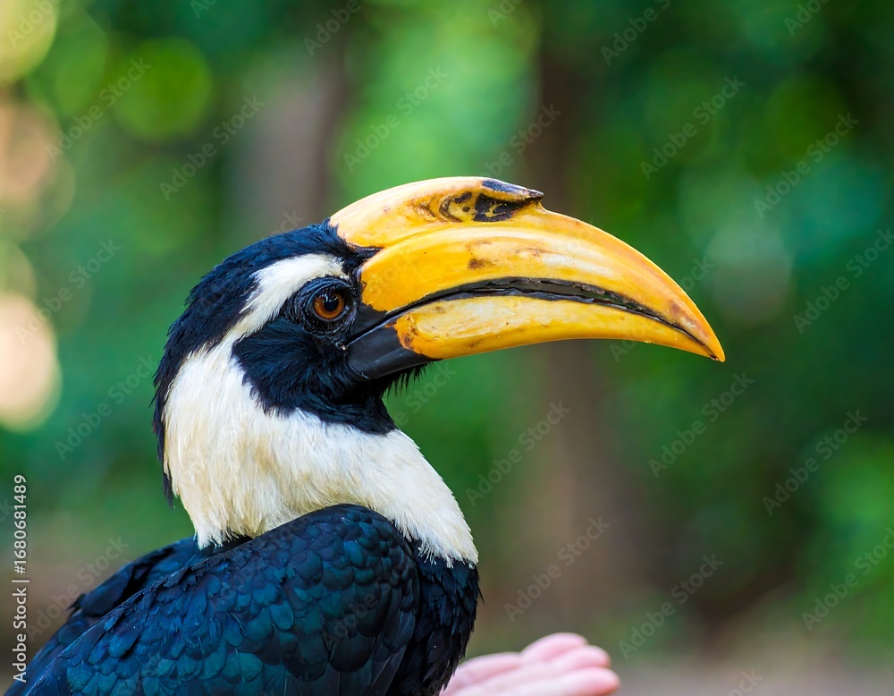 Obraz premium Close-up profile of a hornbill, vibrant plumage, large yellow beak against blurred green background